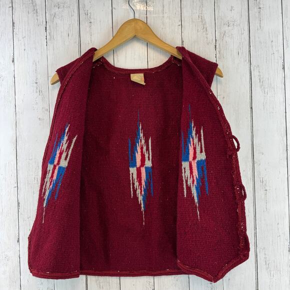 VTG Molina Red Wool Chimayo Handwoven Button Vest Mexico Navajo Size XL Unisex - Picture 4 of 16